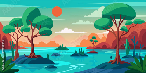 Lush mangroves landscape with vivid colors and calm waters