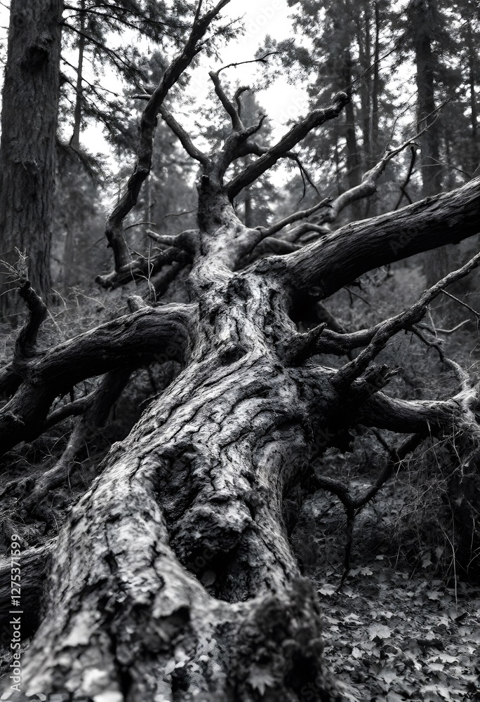 Obraz premium Fallen Tree Trunk in Forest Black and White Moody Landscape