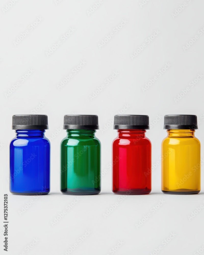 Four multicolored pill bottles arranged in a straight line, each in vibrant shades of blue, red, green, and yellow. Four multicolored pill bottles arranged in a straight line, each in vibrant shades of blue, red, green, and yellow.