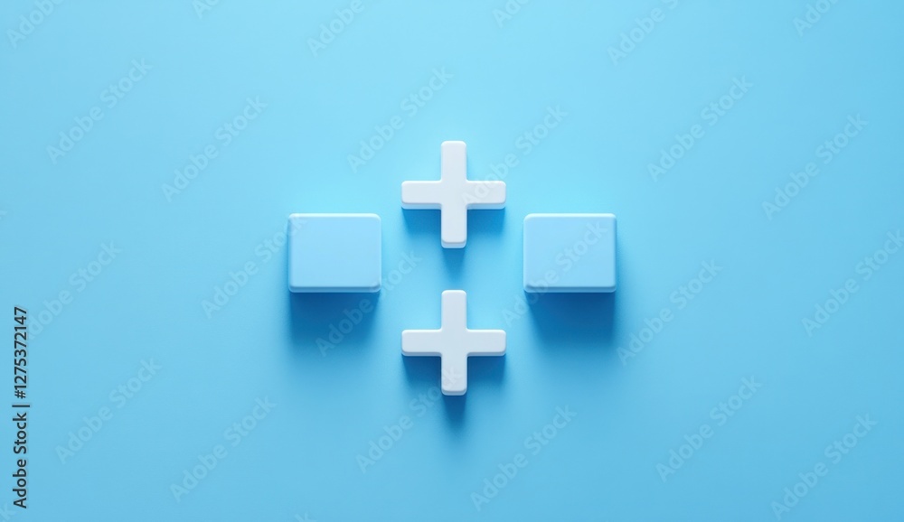 Fototapeta premium Abstract plus symbols and blocks on blue background.