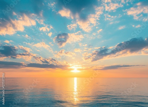 Beautiful sunrise over the sea, blue sky with fluffy clouds and the sun in the morning, a panoramic view of the calm water surface, a tranquil nature background. This is a stock photo suitable.