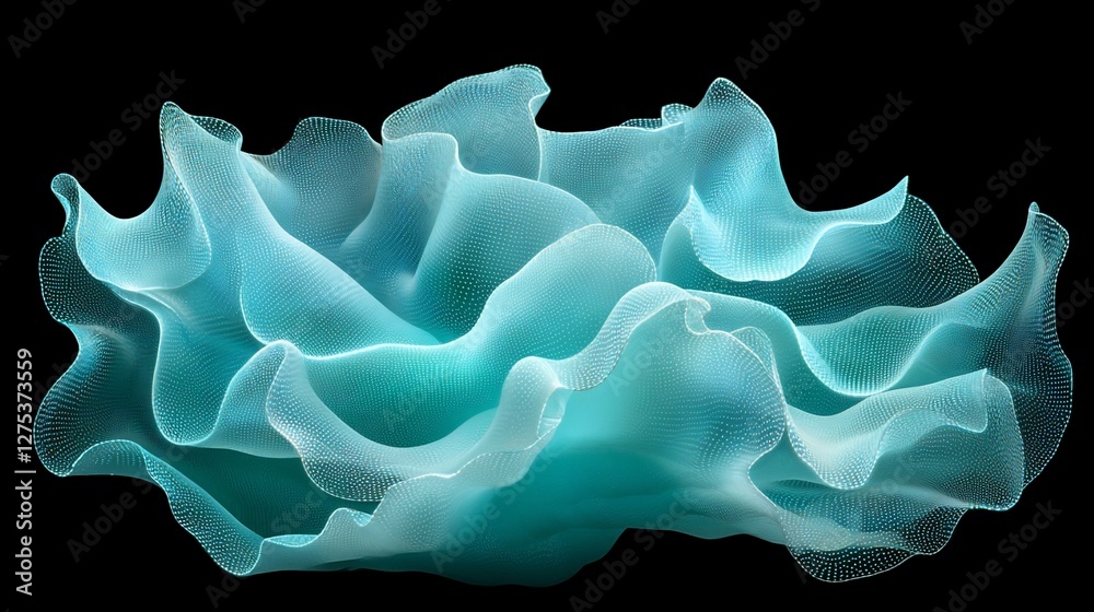 Fototapeta premium Abstract cyan wavy shape with points against dark background in 3D rendering