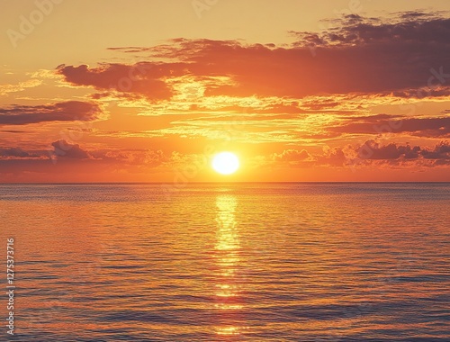 Beautiful sunset over the sea with an orange sky and golden clouds. A beautiful view of the natural landscape with copy space on the right side. The sun sets in a tropical island background.