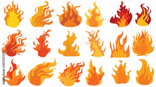 Set of simple flame vector icons. Campfire flame, fire flames, fireball, wildfire and red hot bonfire, red fiery flames.