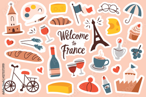 France sticker set with French symbols, Eiffel Tower, cheese, croissant and baguette. Flat vector illustrations, doodles collection for tourism, decorating travel journals, notebooks, planners