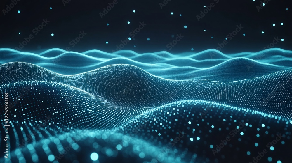 Abstract digital wave landscape with blue glowing particles on a dark background Abstract digital wave landscape with blue glowing particles on a dark background
