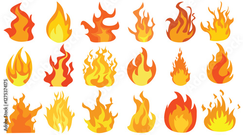 Set of simple flame vector icons. Campfire flame, fire flames, fireball, wildfire and red hot bonfire, red fiery flames.