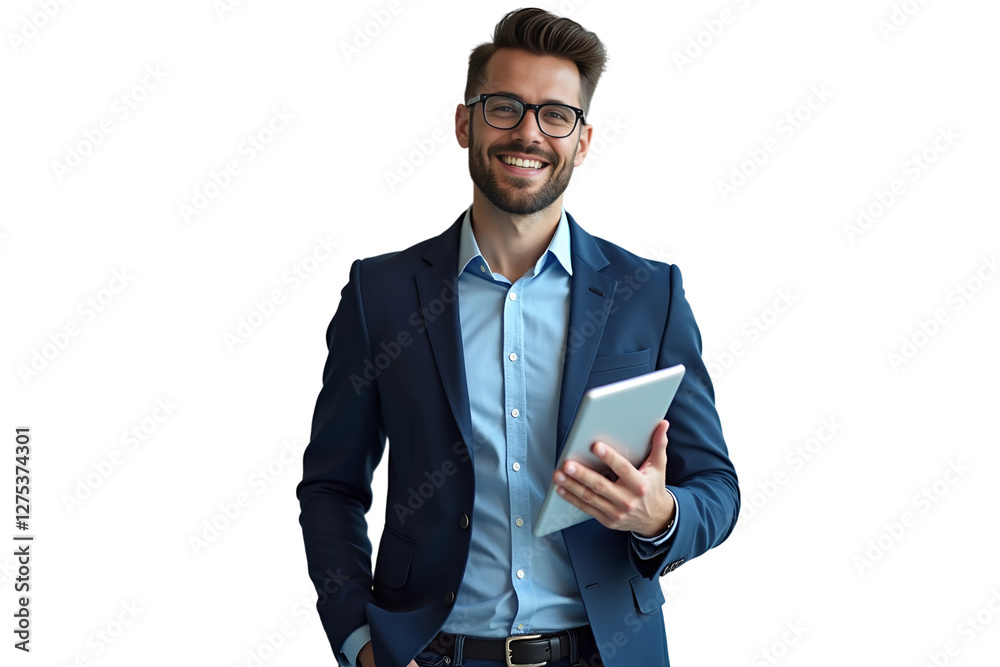 Confident Businessman Holding Tablet Isolated on Transparent Background (PNG) Confident Businessman Holding Tablet Isolated on Transparent Background (PNG)