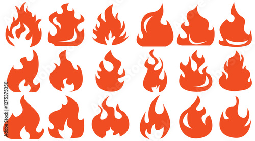 Set of simple flame vector icons. Campfire flame, fire flames, fireball, wildfire and red hot bonfire, red fiery flames.