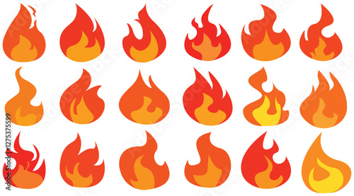 Set of simple flame vector icons. Campfire flame, fire flames, fireball, wildfire and red hot bonfire, red fiery flames.