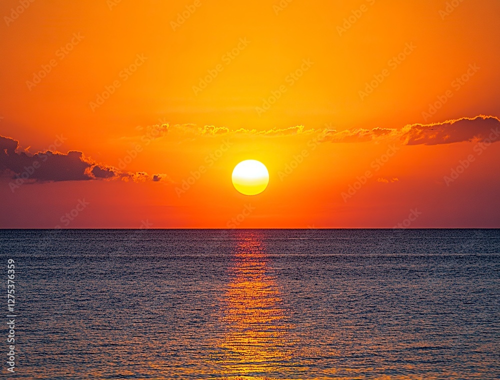 Beautiful sunset over the sea with an orange sky and golden clouds. A beautiful view of the natural landscape with copy space on the right side. The sun sets in a tropical island background. Beautiful sunset over the sea with an orange sky and golden clouds. A beautiful view of the natural landscape with copy space on the right side. The sun sets in a tropical island background.