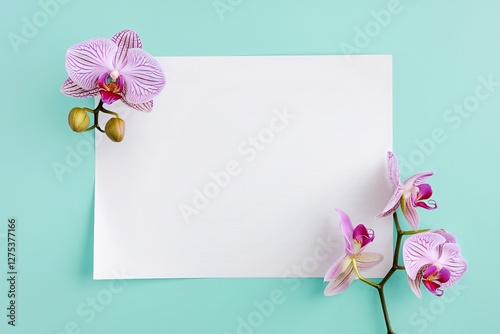 Empty white paper for text with orchids flower of two comer on pastel blue background