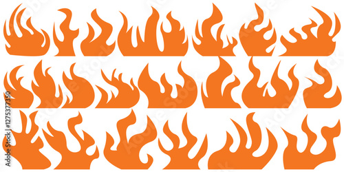 Set of simple flame vector icons. Campfire flame, fire flames, fireball, wildfire and red hot bonfire, red fiery flames.