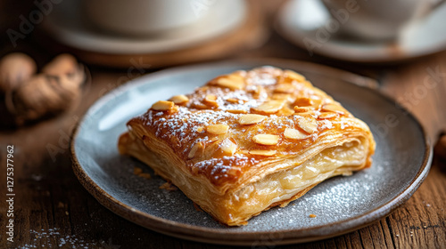 Almond Pastry on a Rustic Plate with Powdered Sugar Topping photo