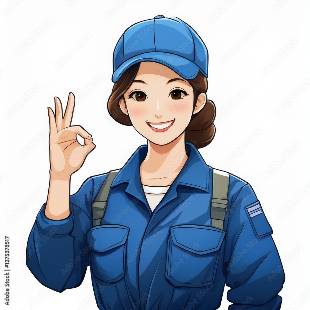 青い作業服を着た女性作業員が指でOKサインをするジェスチャーのイラスト。白い背景。AIで生成 青い作業服を着た女性作業員が指でOKサインをするジェスチャーのイラスト。白い背景。AIで生成