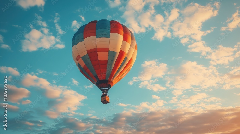 Fototapeta premium Vibrant Hot Air Balloon Soaring Through Blue Sky with Dreamy Clouds at Sunrise