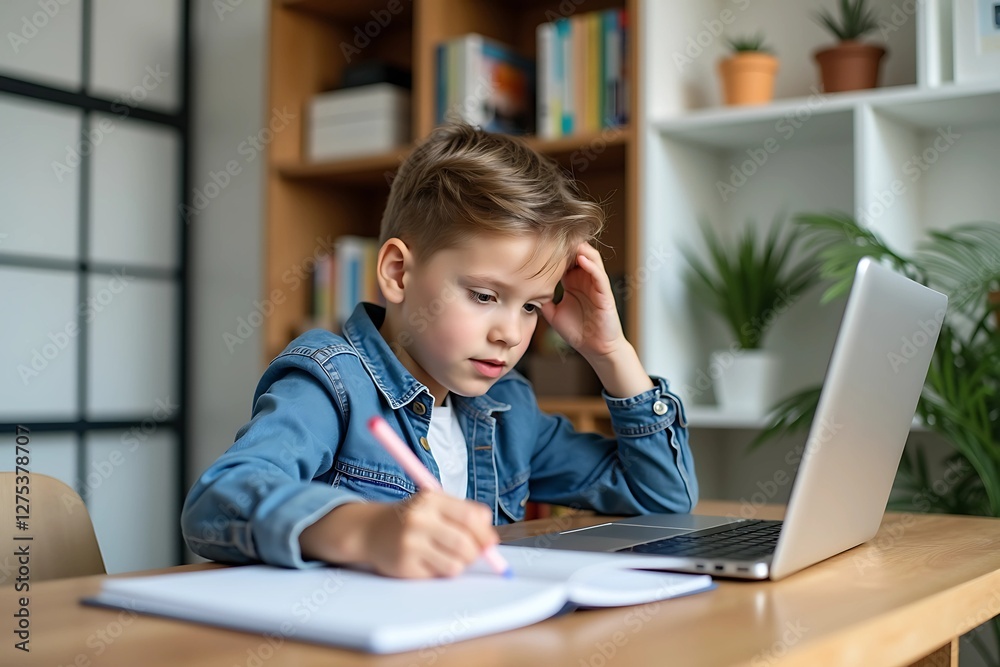 Smart Kid Doing Homework on Laptop in Cozy Room Smart Kid Doing Homework on Laptop in Cozy Room