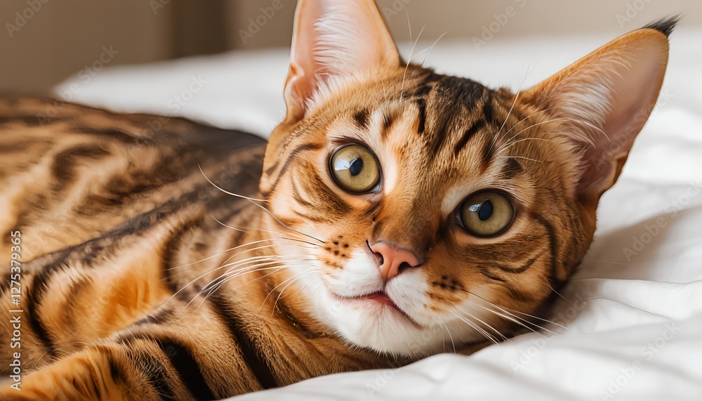 Close-up of a Bengal Cat Resting on a White Bed Close-up of a Bengal Cat Resting on a White Bed