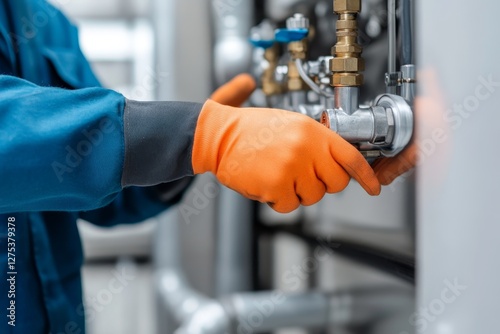Maintenance worker adjusting industrial valves in a facility during midday operations for optimal functionality