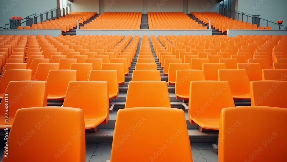 Naklejka premium Orange seats are arranged in rows in the stadium.