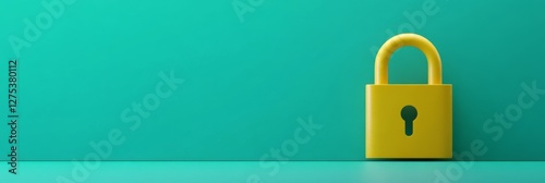 Yellow Lock Set Against Teal Background. Concept of Protection, Privacy Safety Measures. Bright Vibrant Color Padlock Top view, copy space, banner. Minimalistic flat lay. Digital Data Security. Signal