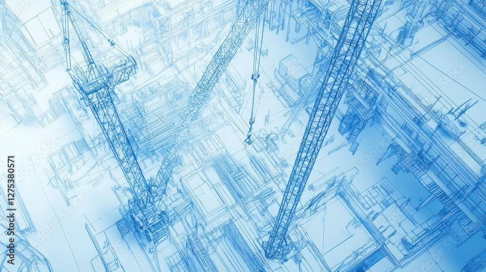 Aerial view of a construction site showcasing blueprints and cranes, with a bustling cityscape in the background Aerial view of a construction site showcasing blueprints and cranes, with a bustling cityscape in the background