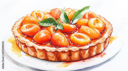 Beautiful Apricot Tart with Glossy Glaze and Fresh Mint on a White Plate photo