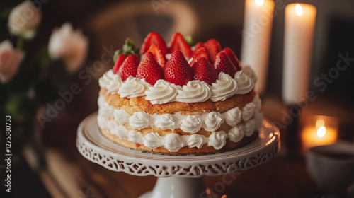Elegant Strawberry Layer Cake with Whipped Cream and Candles for a Romantic Setting photo