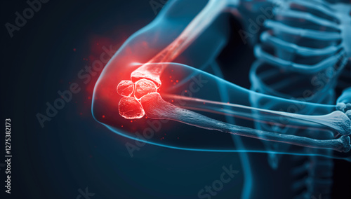 A 3D model of an elbow joint is shown, highlighting areas of pain and inflammation with bright red and orange colors. Generative AI.