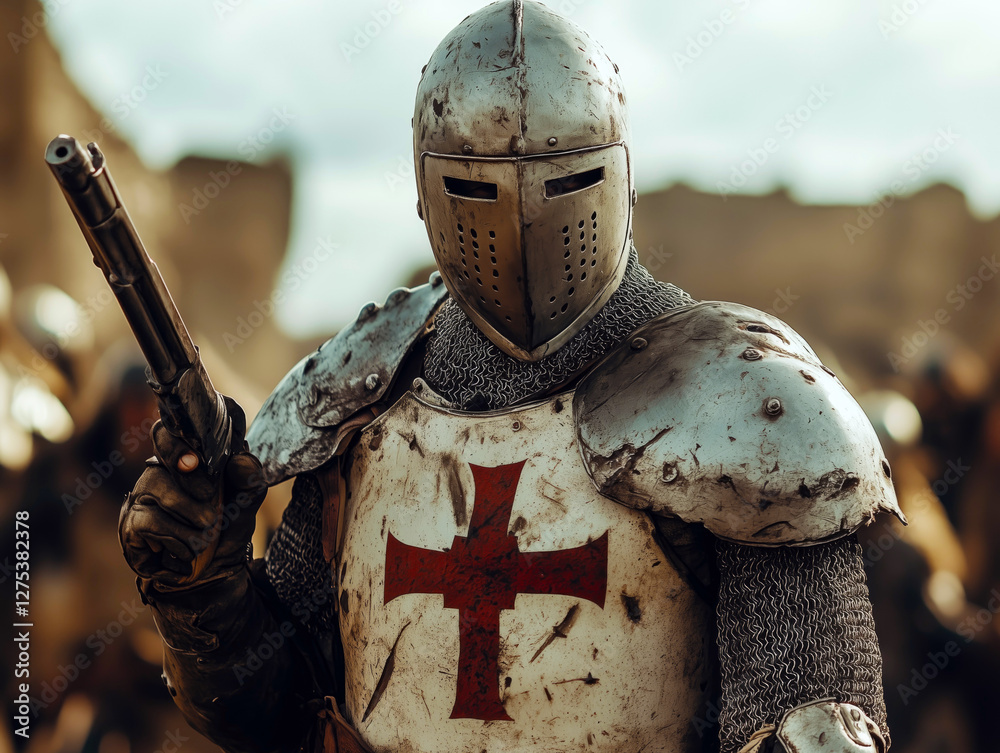 Naklejka premium Knight holding hand gun