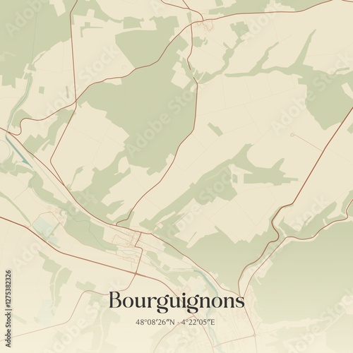 Vintage map of Bourguignons, France.