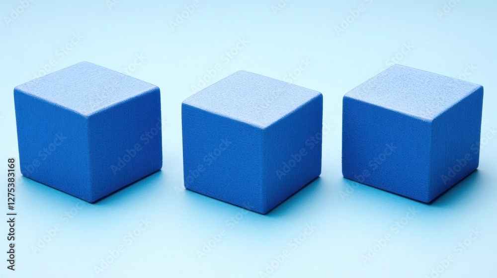 Three blue cubes arranged in a row on a light blue background. Three blue cubes arranged in a row on a light blue background.