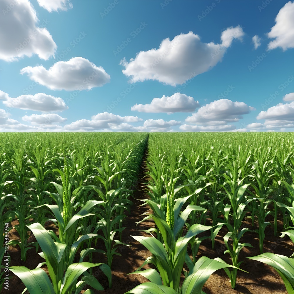 Lush Green Cornfield Under a Sunny Sky Lush Green Cornfield Under a Sunny Sky