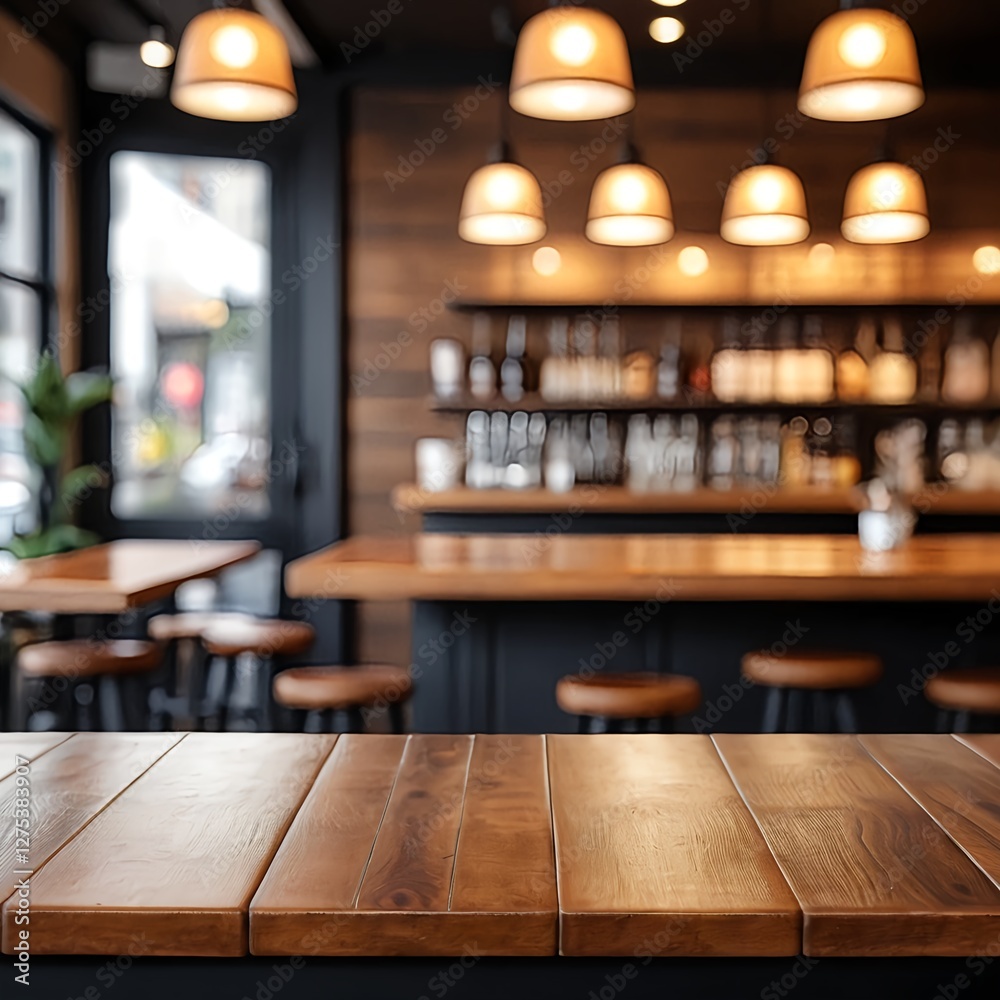 Empty Wooden Table in Blurred Stylish Bar Background Empty Wooden Table in Blurred Stylish Bar Background