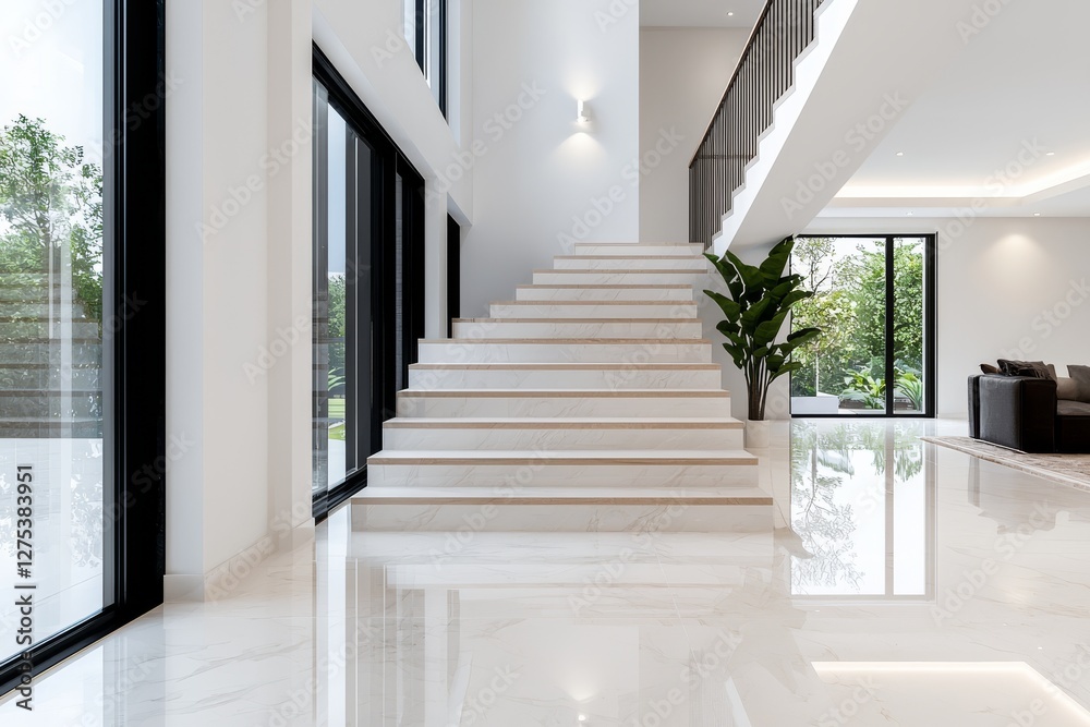 Fototapeta premium Chic luxury home with white marble floors and designer furniture.