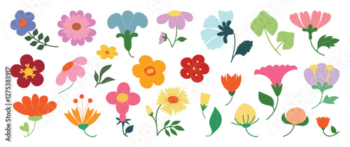 Collection of spring colorful flower elements vector. Set floral of wildflower, leaf branch, foliage on white background. Hand drawn blossom illustration for decor, easter, thanksgiving, clipart.