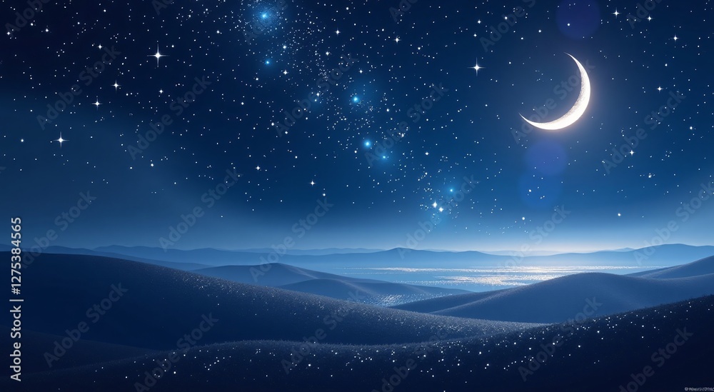 Fototapeta premium Ramadan Night Sky Stars Moon. Tranquil crescent landscape. Dreamy spiritual background, banners, cards, greetings.