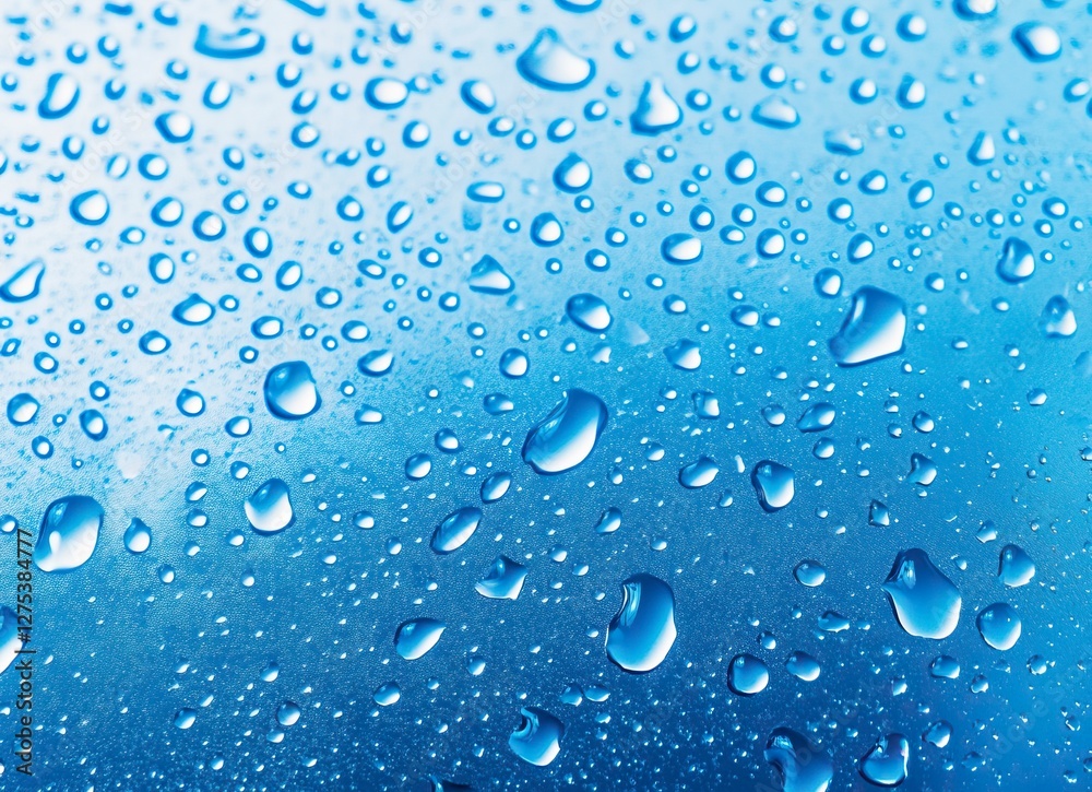 Water drops on a blue background, the texture of water droplets for decoration and design. A water drop pattern with copy space, top view. Flat lay, top view, stock photo with 2/3 of the space availab Water drops on a blue background, the texture of water droplets for decoration and design. A water drop pattern with copy space, top view. Flat lay, top view, stock photo with 2/3 of the space availab