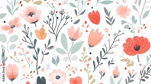 A Charming Floral Pattern with Various Colorful Flowers and Leaves