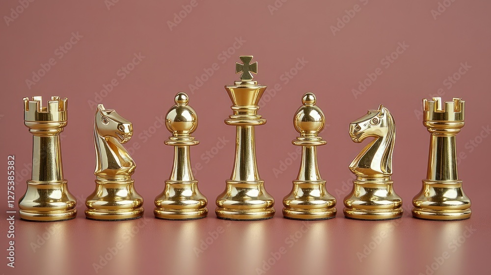 Golden chess pieces strategy game maroon background Golden chess pieces strategy game maroon background