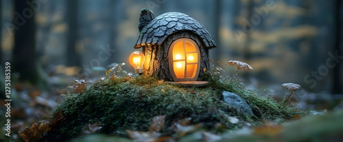 Enchanted Fairy House in Autumn Forest Magical Scene photo