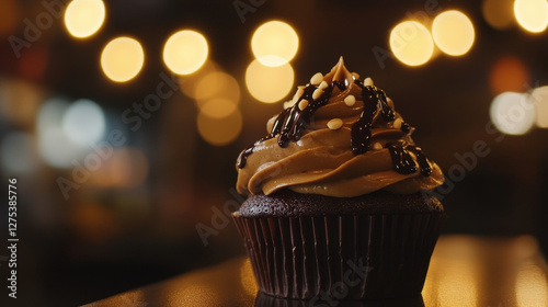 Rich Chocolate Cupcake with Swirled Buttercream and Elegant Golden Lighting photo