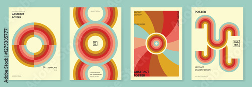 Collection of 70s color gradient poster background vector. Set of retro wall decoration, groovy, trippy, geometric shape. Vintage hippie wall art for interior, decorative, banner, cover, card.