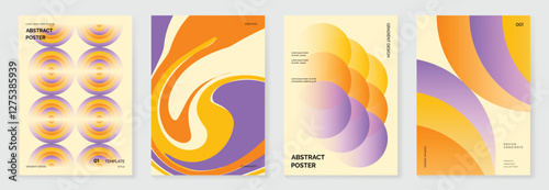 Collection of 70s color gradient poster background vector. Set of retro wall decoration, groovy, trippy, geometric shape. Vintage hippie wall art for interior, decorative, banner, cover, card.