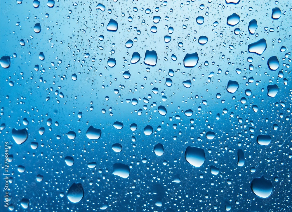 Water drops on a blue background, the texture of water droplets for decoration and design. A water drop pattern with copy space, top view. Flat lay, top view, stock photo with 2/3 of the space availab Water drops on a blue background, the texture of water droplets for decoration and design. A water drop pattern with copy space, top view. Flat lay, top view, stock photo with 2/3 of the space availab