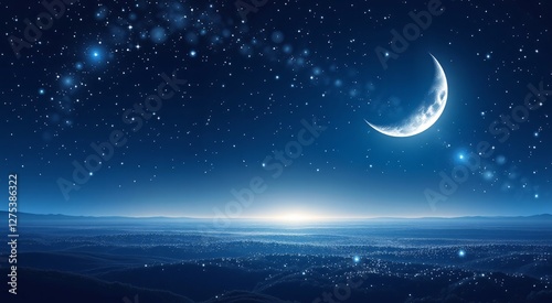 Ramadan Night Sky Banner. Tranquil crescent moon & stars for spiritual themes, dreamy backgrounds, website headers, & promotional use.
