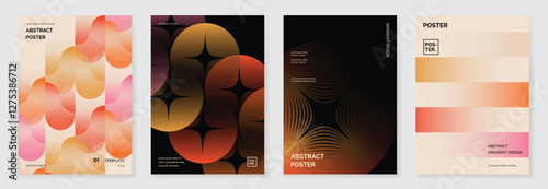 Collection of 70s color gradient poster background vector. Set of retro wall decoration, groovy, trippy, geometric shape. Vintage hippie wall art for interior, decorative, banner, cover, card.