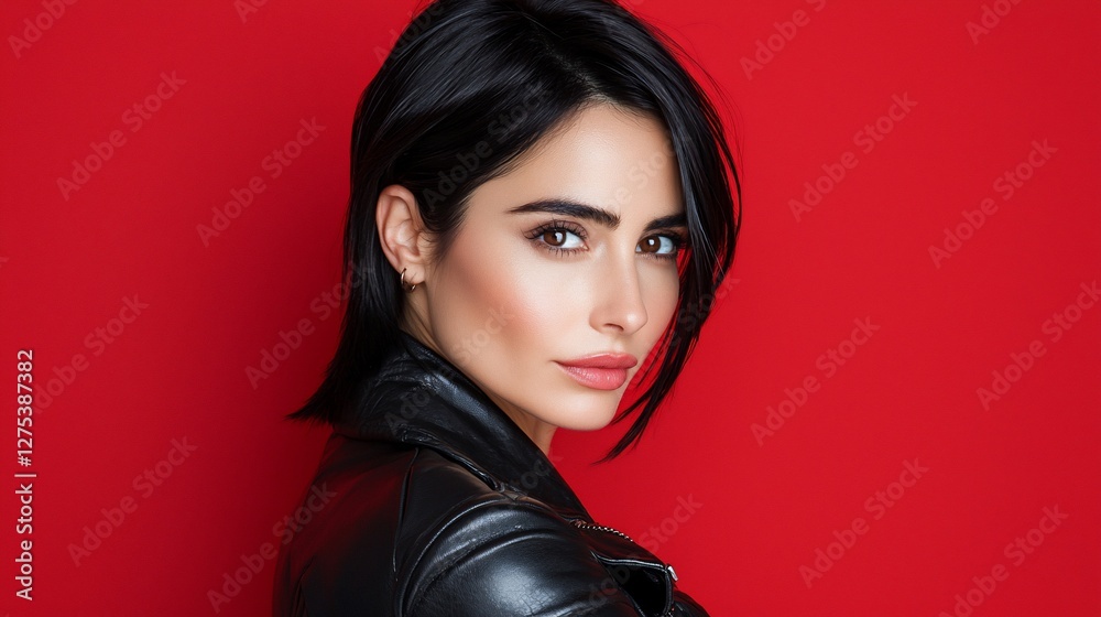 Portrait of a confident woman in a leather jacket against a vibrant red background Portrait of a confident woman in a leather jacket against a vibrant red background