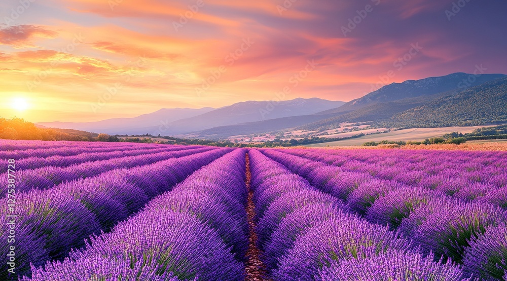 Lavender field at sunset in Provence, France. Beautiful summer landscape with blooming lavender flowers on the meadow in a purple color. Panoramic view of the colorful sky and clouds above the blue Lavender field at sunset in Provence, France. Beautiful summer landscape with blooming lavender flowers on the meadow in a purple color. Panoramic view of the colorful sky and clouds above the blue
