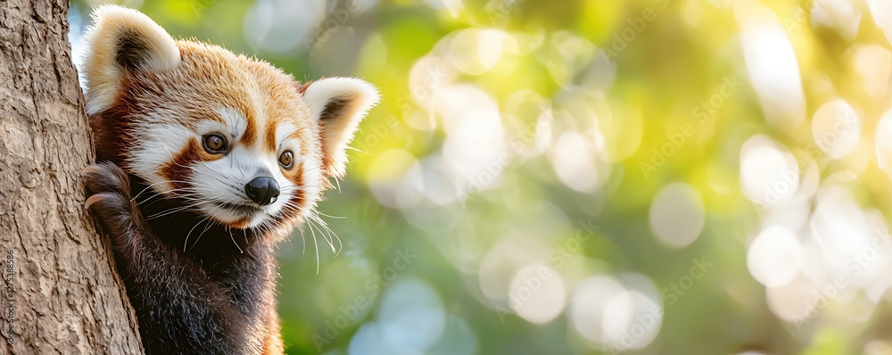 Obraz premium Red Panda Curiously Peeking from a Tree in a Lush Green Environment